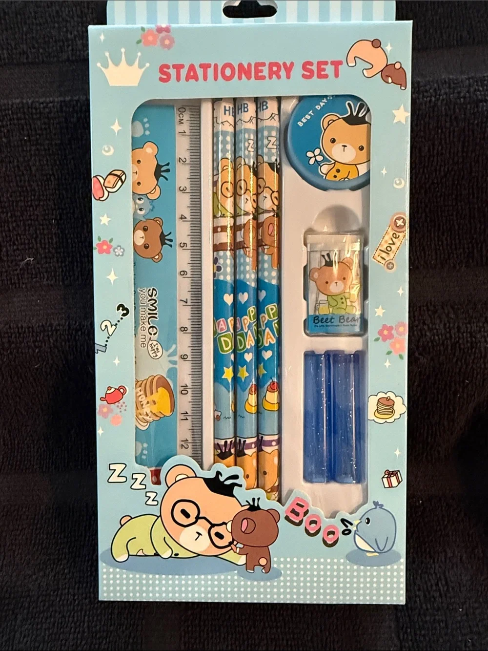 Blue Bear Kids Stationery Set - Pencil, Ruler & Sharpener
